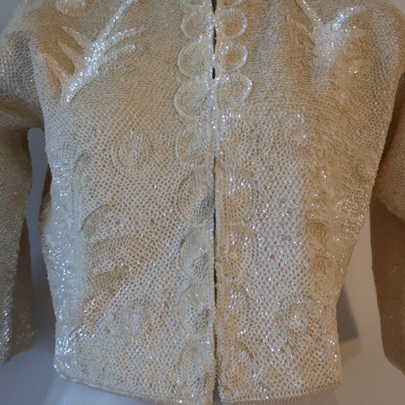 Womens Made in British Crown Colony of Hong Kong Ivory Sequined Blazer Jacket M - Picture 4 of 12